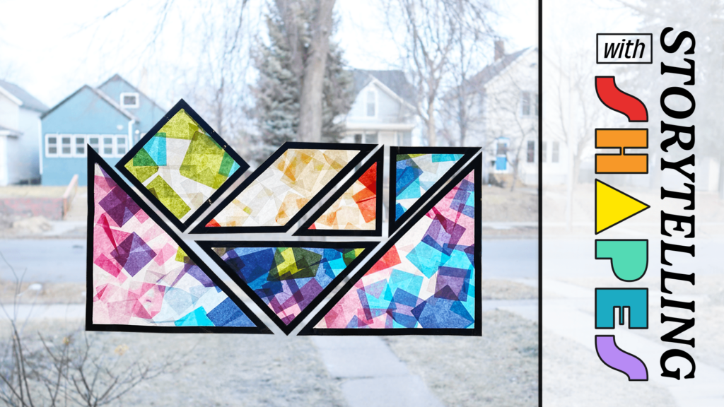 Tangram shapes arranged to look like baby Jesus laying in a manger. The shapes are made out of colorful squares of tissue paper glued between two sheets of wax paper and framed by black cardstock. The shapes are taped onto a window to act as stained glass sun-catchers. Through the window is a blurry neighborhood street. On the left of the image are the words "Storytelling with Shapes."